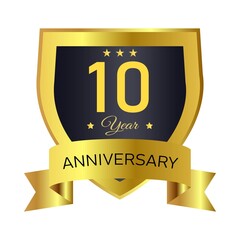 Anniversary royal badge design with a shield shape.Anniversary badge design with golden gradient color. Golden and Black badge design with ribbon vector illustration.