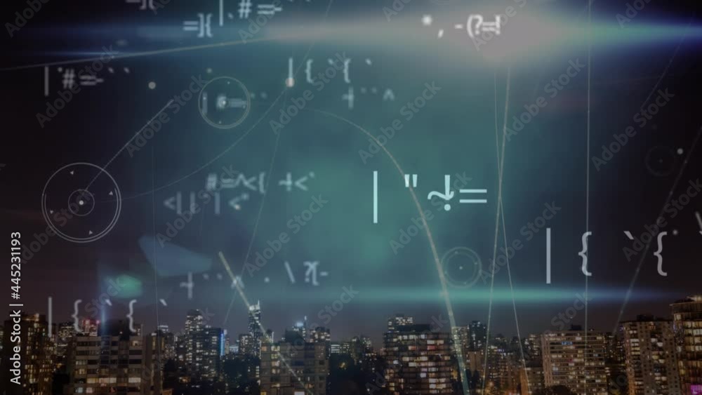 Poster animation of data processing and rotating globe with network of connections over night cityscape