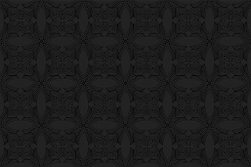 3D volumetric convex embossed fashionable black background. Ethnic oriental, asian geometric pattern with handmade elements. Ornament for design and decor, textiles, wallpaper, presentations.