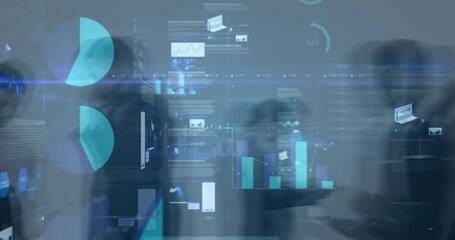 Animation of financial data processing over business people - Powered by Adobe