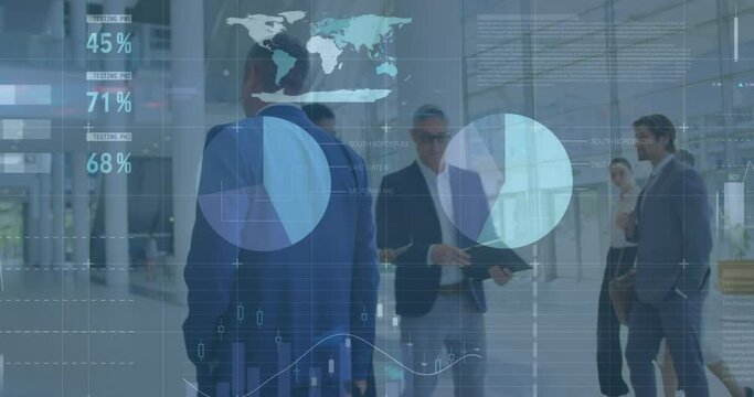 Animation of financial data processing over business people