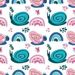 Seamless pattern with cute snails on a white background.Good for kids fabric, textile, nursery wallpaper. Hand-drawn childish naive illustrations in a simple Scandinavian style in a limited palette