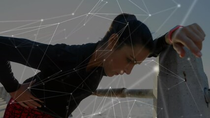 Animation of network of connections and data processing over woman running - Powered by Adobe
