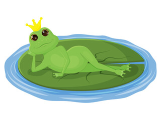 cute frog with a crown on its head, lying on a leaf. Children character. Vector illustration. Isolated on white.