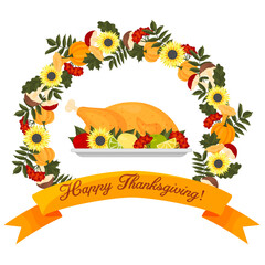 Happy thanksgiving. Greeting card with with turkey and frame from pumpkins, mushrooms and leaves. Cartoon style. Vector illustration.
