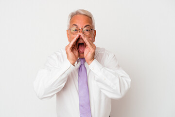 Senior american man isolated on white background shouting excited to front.