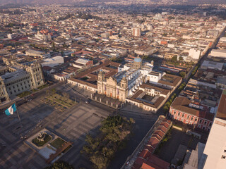 Aerial view of the park of Guatemala and the cathedral.