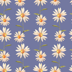 Seamless pattern with white meadow chamomile flowers on a blue background, watercolor illustration.