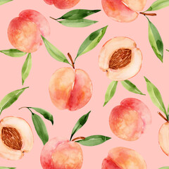 seamless pattern with juicy fruit peach, watercolor illustration on a pink background