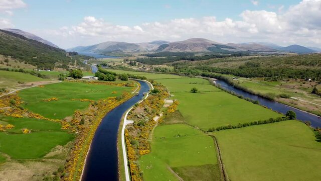 4k drone footage of the Caledonian Canal between Inverness and Loch Ness in the Scottish Highlands, UK