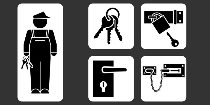Ensemble de pictogrammes sur le bricolage avec la silhouette d’un ouvrier serrurier et divers objets de serrurerie : clef, trousseau de clefs, cadenas, serrure, verrous.