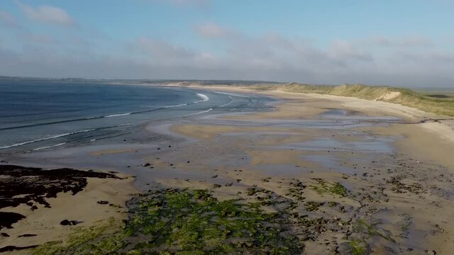4k drone footage of Dunnet Beach near Thurso on the north coast of Scotland, UK