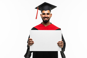 Graduate Man Holding Placard On gray Background