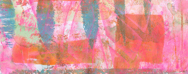 Abstract color acrylic and watercolor blot painting. Monotype template. Canvas texture long horizontal background.