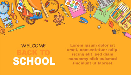 Obraz premium Banner Back to school with a backpack, alarm clock and stationery on a yellow background. A place for your text. Vector illustration in the Doodle style. Template. Horizontally.