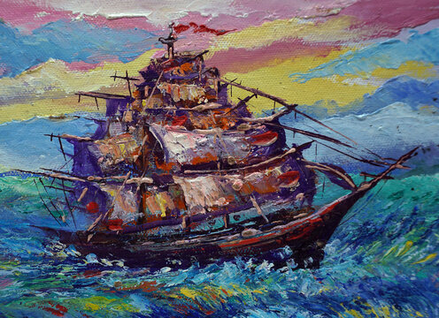 Art painting oil color sailboat  , Auspiciousness , prosperous , auspicious , fortune ,  junk boat