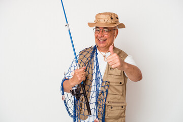Senior american fisherman holding net isolated on white background