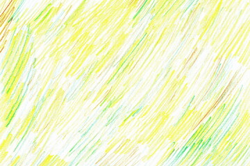 The texture of a simple drawing by hand with yellow and green pencils. A simple background with colored pencils, similar to a child's drawing.