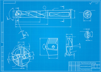 Mechanical engineering drawings on blue background. Drill tools, borer. Technical Design. Cover. Blueprint. Vector illustration.