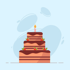 CHOCOLATE CAKE WITH STRAWBERRY AND CANDLE ON BLUE BACKGROUND