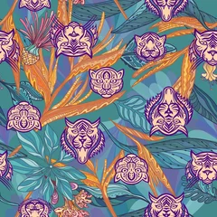 Möbelaufkleber Vector pattern with wild cats and jungle plants © Kisika