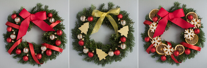 Christmas  collage. Christmas ring or wreath on the gray  background. Top view. Close-up.