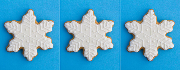 Christmas collage. Snowflake-shaped gingerbread on the blue background. Close-up.