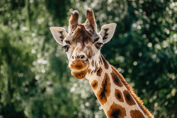Rothschild giraffe in ZOO.Giraffe in front of green trees looking in to camera. Funny giraffe face. Front view of giraffe against green blurred foliage. Wild animal portrait space for text