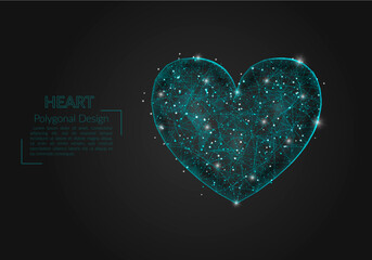 Abstract isolated blue image of a heart. Polygonal illustration looks like stars in the blask night sky in spase or flying glass shards. Digital design for website, web, internet. © Katsiaryna
