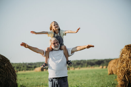 The Girl Sits On The Shoulders Of Her Grandfather While Walking In The Field. Happy Vacation Concept With Grandparent