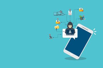 Hacker, malware notification on mobile phone. Smartphone with hacker alert, spam data on cellphone fraud error message, scam, virus. Flat vector illustration.	