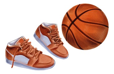 Watercolor hand drawing realistic basketball orange boots sneakers and ball. Use for poster, print, card, postcard, flyers, banner, advertising, marketing, shop, design