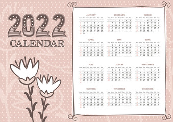 2022 Calendar template in landscape orientation with cute flowers. 12 months yearly calendar set in 2022. Week starts on Sunday. Vintage clipart. Vector illustration.