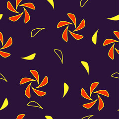 Fototapeta premium Seamless flower pattern of orange and yellow petals on dark violet. Vector repeating flower background. Floral pattern.