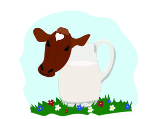 Head of a cow and a glass jug with fresh milk on a green flowered lawn against a blue sky. Flat design for natural, correct, balanced nutrition