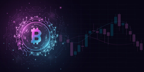 Bitcoin cryptocurrency in a futuristic style with candlestick price pattern background. Digital coin BTC for banner, website or presentation. Blockchain for graphic design. Vector