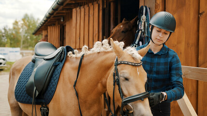 Female jockey fixing the bridle of her light brown horse outside the stable. The girl is dressed in...