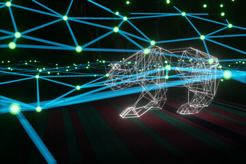 Bear tranding with lines and dots on the volume chart and Japanese candles of the stock market. Business and financial investment concept polygonal 3d illustration 