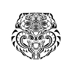 Polynesian style tattoo with mask and snake head.