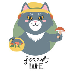 Vector illustration of a cute cartoon cat with mushroom and basket signed Forest life