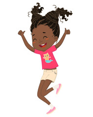 Cute happy African American girl jumping and dancing cheerfully on a white background. Laughing girl, vector background for poster, cover, etc.