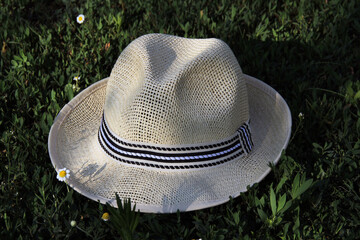 a straw hat on the grass among daisies