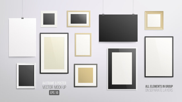 Set of A4 horizontal vertical and square Posters and Frame on the wall realistic vector Mockup template. Blank empty Mock-up frame and poster template for modern art, photography, logo presentation