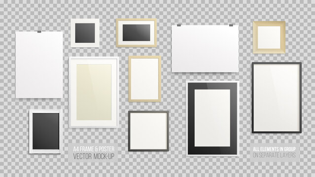 A4 horizontal vertical and square Posters and photography Frame on transparent background vector blank Mockup set. Empty Mockup frame and poster template for modern art, logo presentation