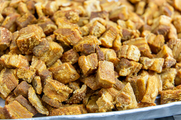Torresmo. Fried pork belly. Traditional Brazilian food at Feijoada.