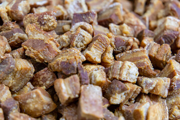 Torresmo. Fried pork belly. Traditional Brazilian food at Feijoada.