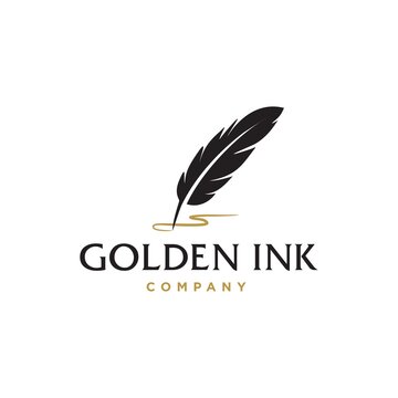feather quill pen with golden ink logo , vintage Fountain pen logo with gold ink icon, luxury elegant classic stationery illustration isolated on white background