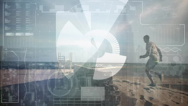 Animation of scope scanning and data processing over fit man running by seaside