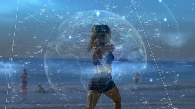 Animation of scope scanning and data processing over fit woman running by seaside