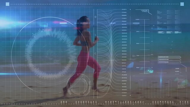 Animation of scope scanning and data processing over fit woman running by seaside